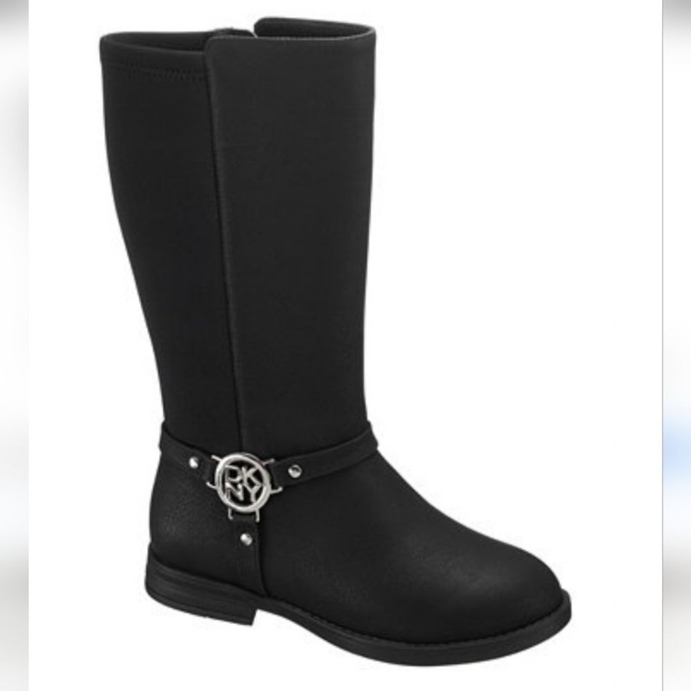DKNY Girls' Emma Black Faux Leather Textile Harness Boots, Sz 1